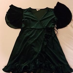 Emerald Velevet Ruffle Wrap Dress